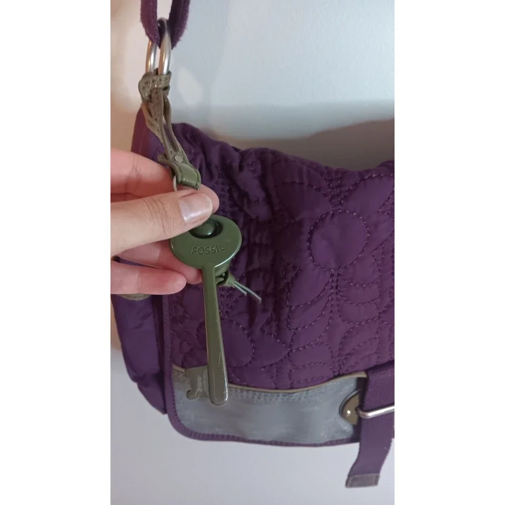 Fossil Key Per Purple/Silver Quilted  Crossbody Messenger Bag